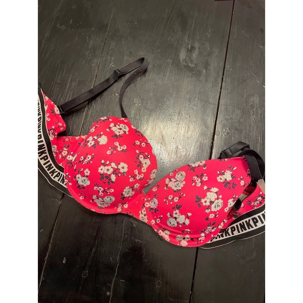 PINK by Victoria's Secret Floral Push Up Bra Black Pink Straps 36D